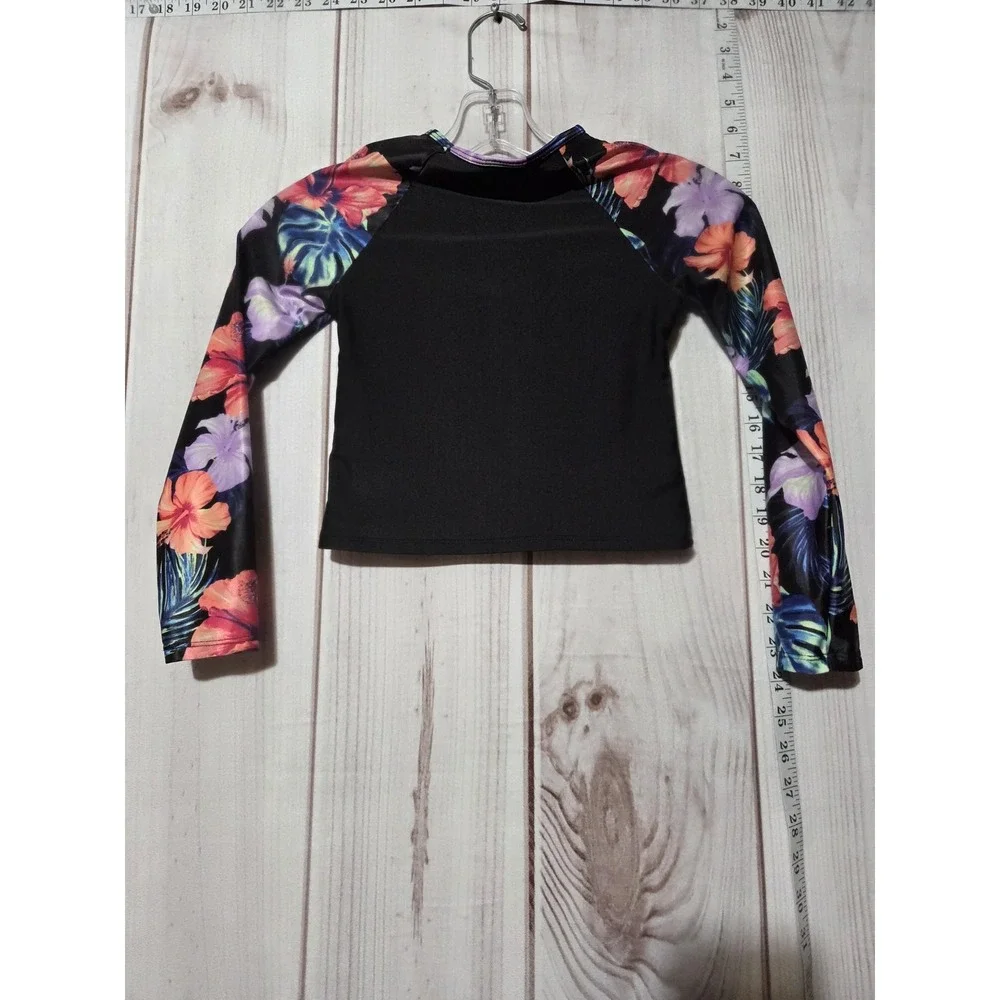 Justice Surf‎ Shirt Girls Small 7/8 Black Floral Rash Guard Swim Top Long Sleeve