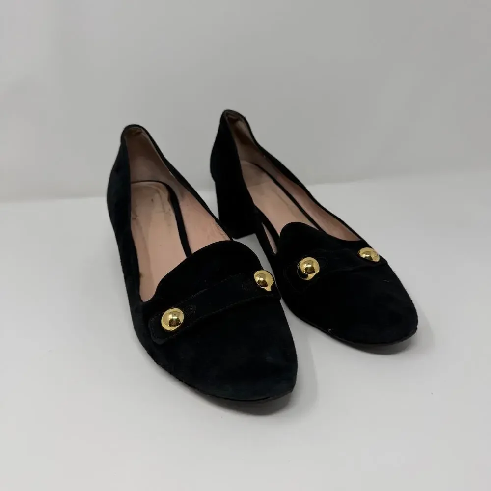 Kate Spade Black Suede Block Heel Pumps 9.5 Gold Stud