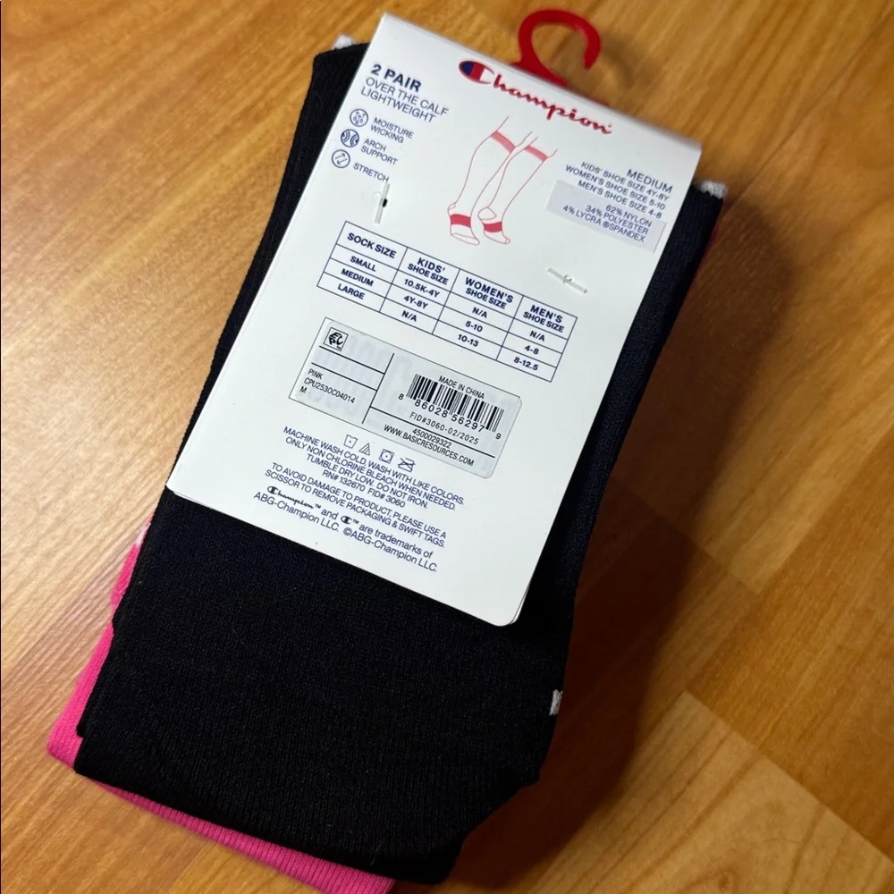 2 pk champion women’s/ youth - pink/black long over calf socks‎ multi size