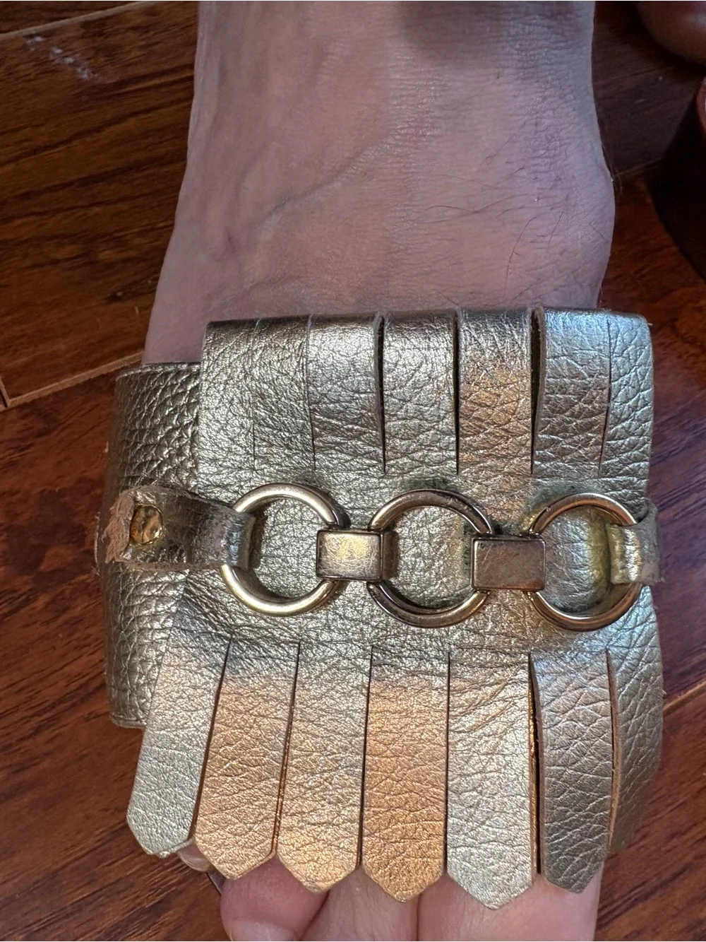 kate spade Brie Metallic Gold Leather Fringe Slide Sandals with Chain Detail