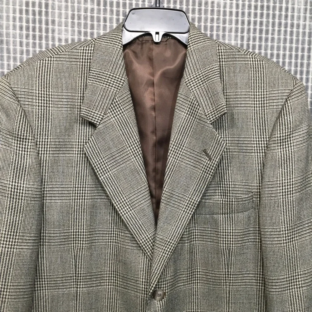 Jeffrey Banks Mens Blazer Glen Plaid Wool Blend Brown Gray 45R