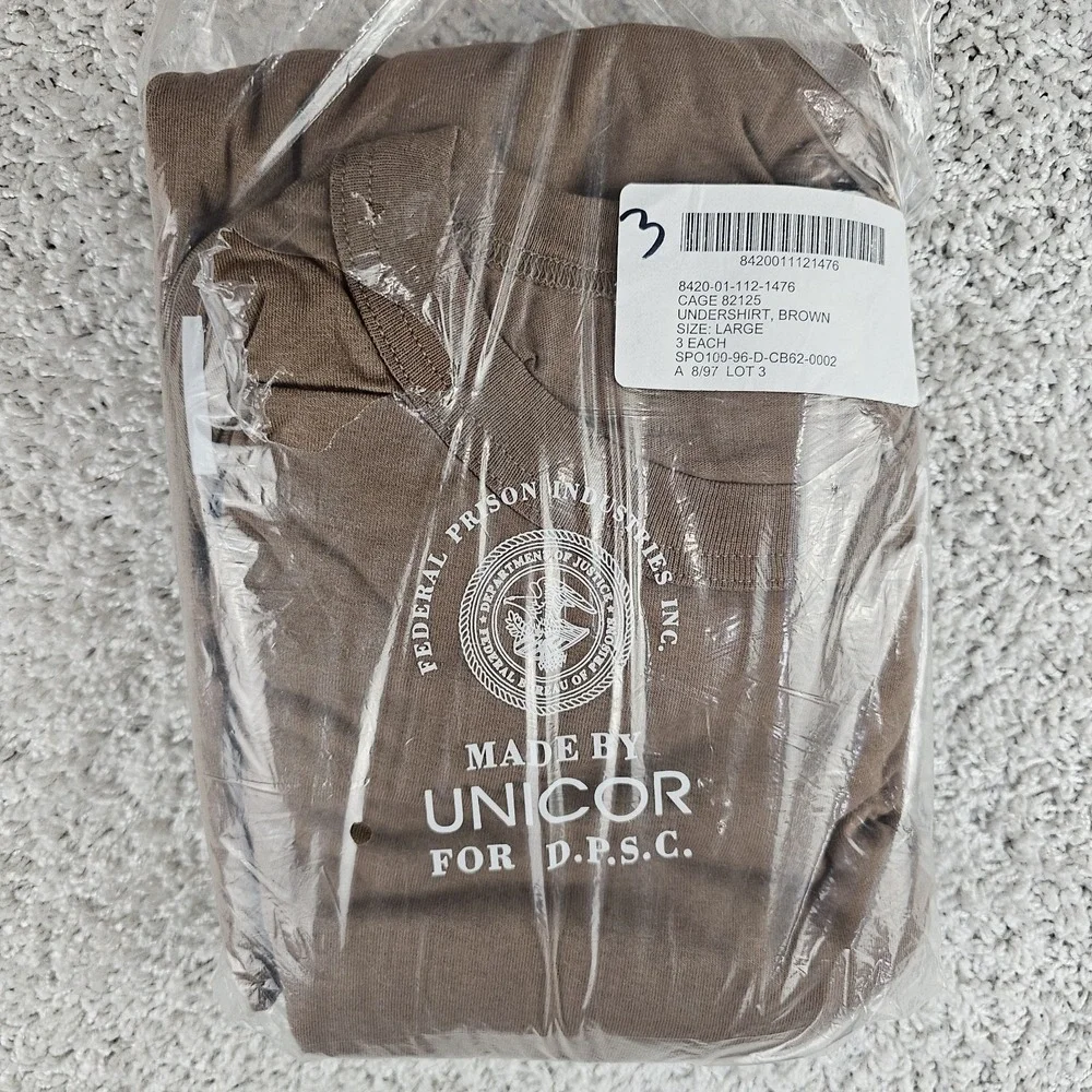Vintage 90s Unicor Under Shirt 3 Pack Sz Large Brown Plain NEW NOS DOJ DPSC