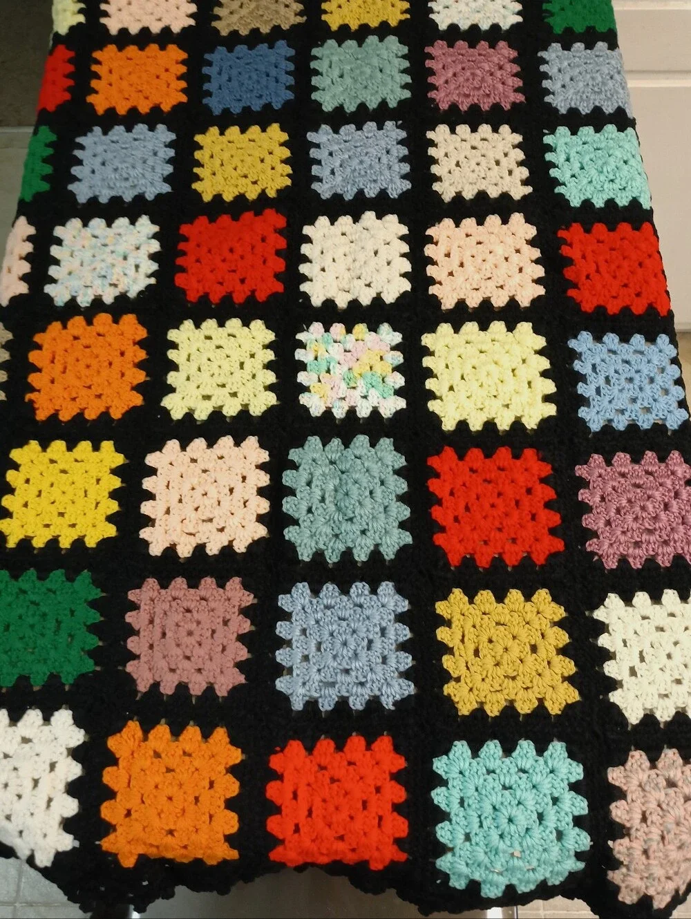 Like New Vintage Handmade Black Multicolor Granny Square Crotchet Afghan