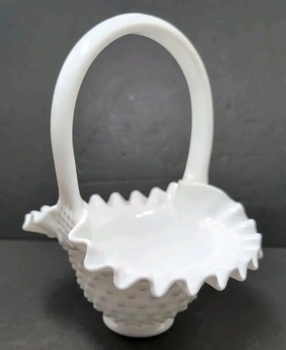 Vintage Fenton Art Glass Milk Glass Hobnail Crimped Basket Candy Dish Handle