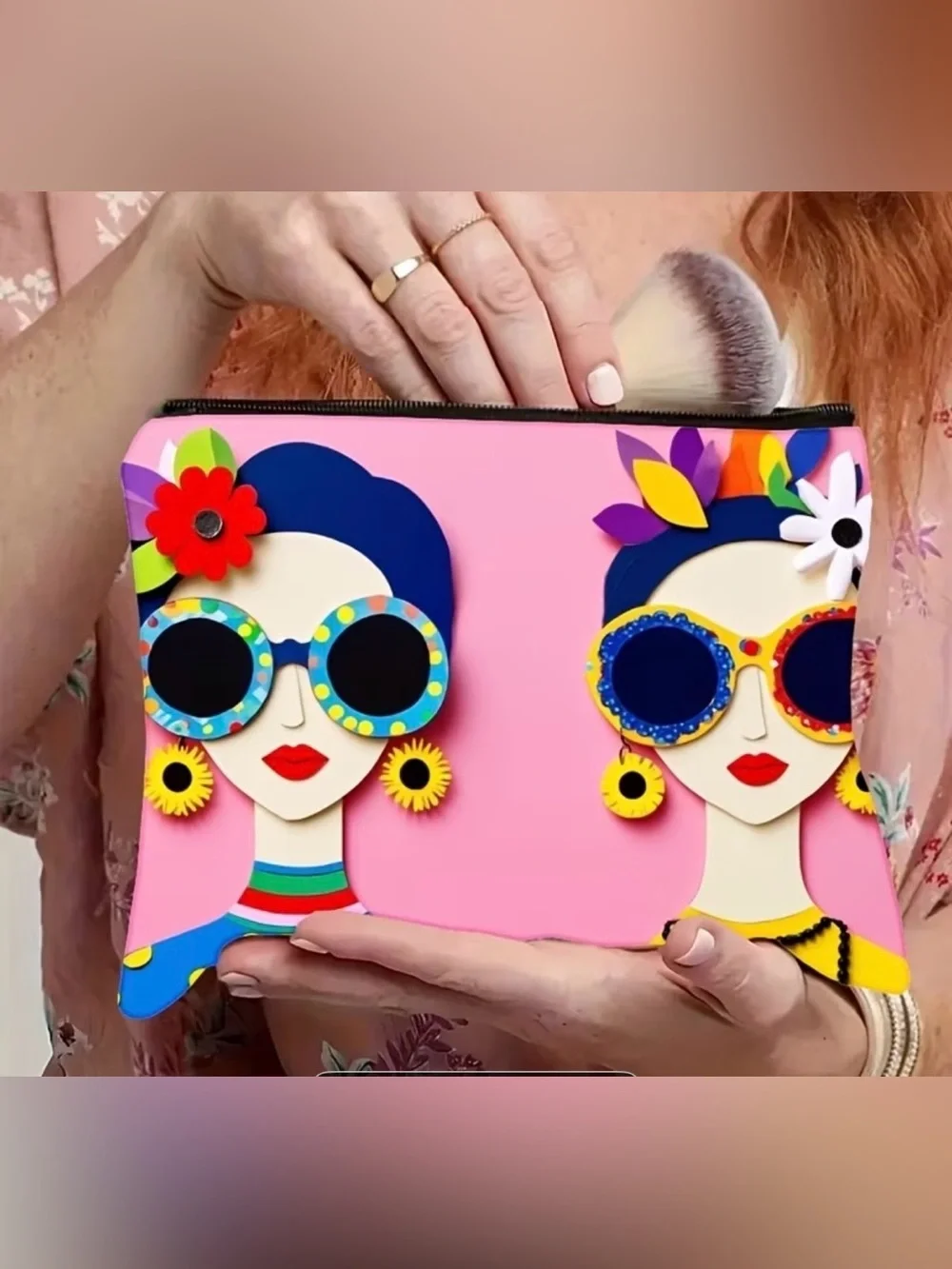 Colorful Frida-Inspired Pink Makeup Bag
