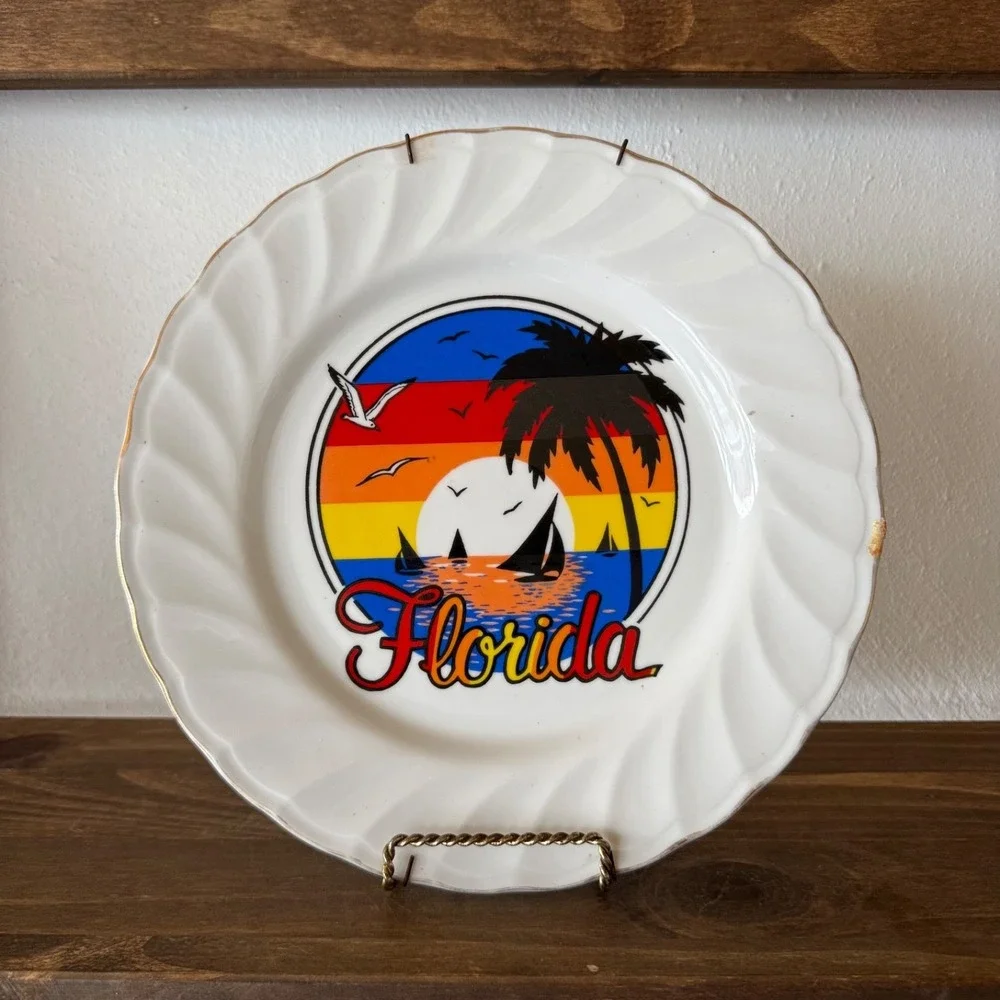 Vintage Florida Souvenir Decorative Plate Palm Tree Sunset Beach Retro Wall‎ Dec