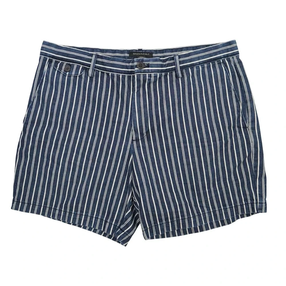 Banana Republic Lived In Chino Shorts Mens 36 Navy White Stripe 7 Inch Cotton‎