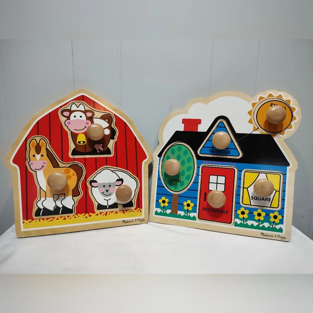 Melissa &‎ Doug Jumbo Knob Wooden Puzzle Bundle Farm Animals & Shapes