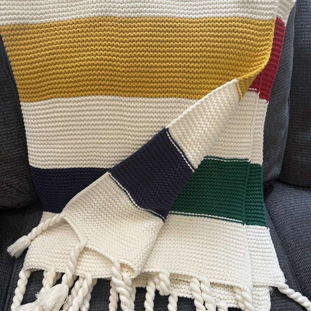 RARE Hudson's Bay Throw Blanket Big Striped Chinky Knit w Tassels Coastal