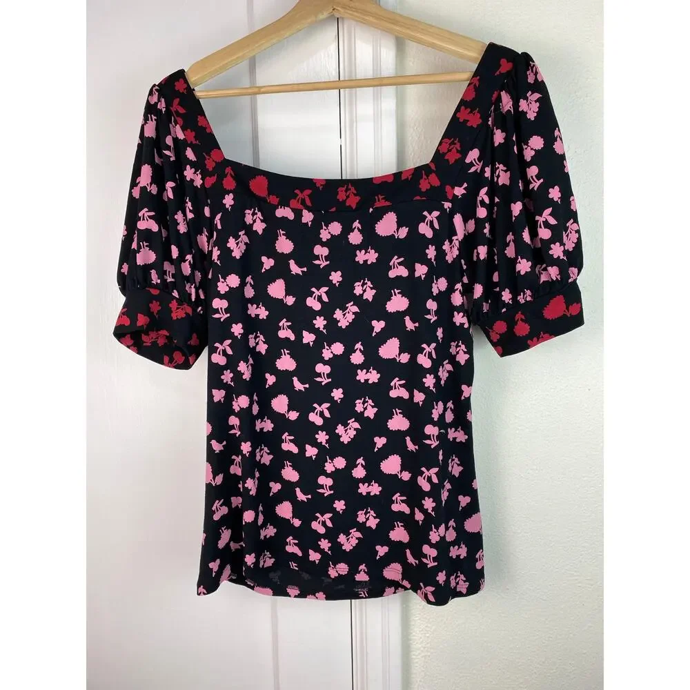 Boden Women's Size 8 Black‎ Red Pink Puff Sleeve Square Neck Top *
