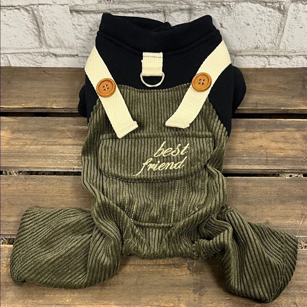 Green Corduroy Small Dog Jacket with a pocket saying Best Friend