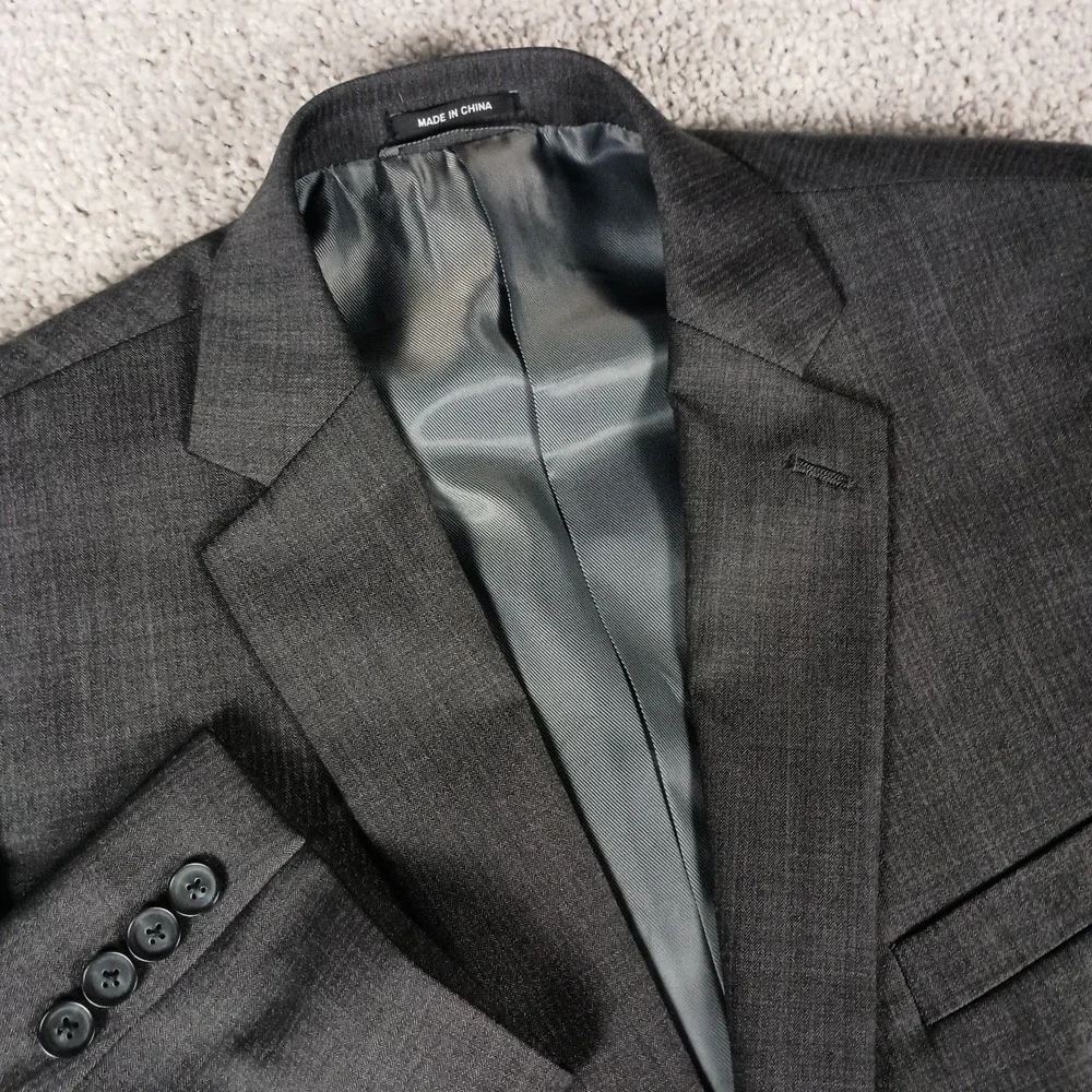 Claiborne 44R 42x30 Mens Suit Grey Herringbone‎ Wool Blend Modern Fit Stretch