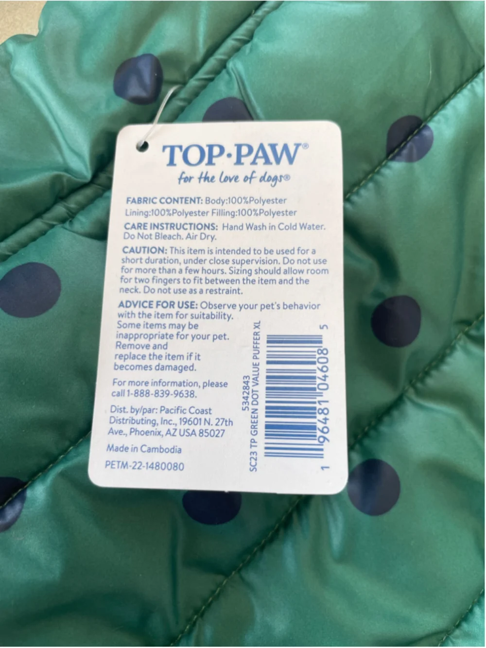 Top Paw Dog Puffer Vest One Size Green Navy Polka Dot