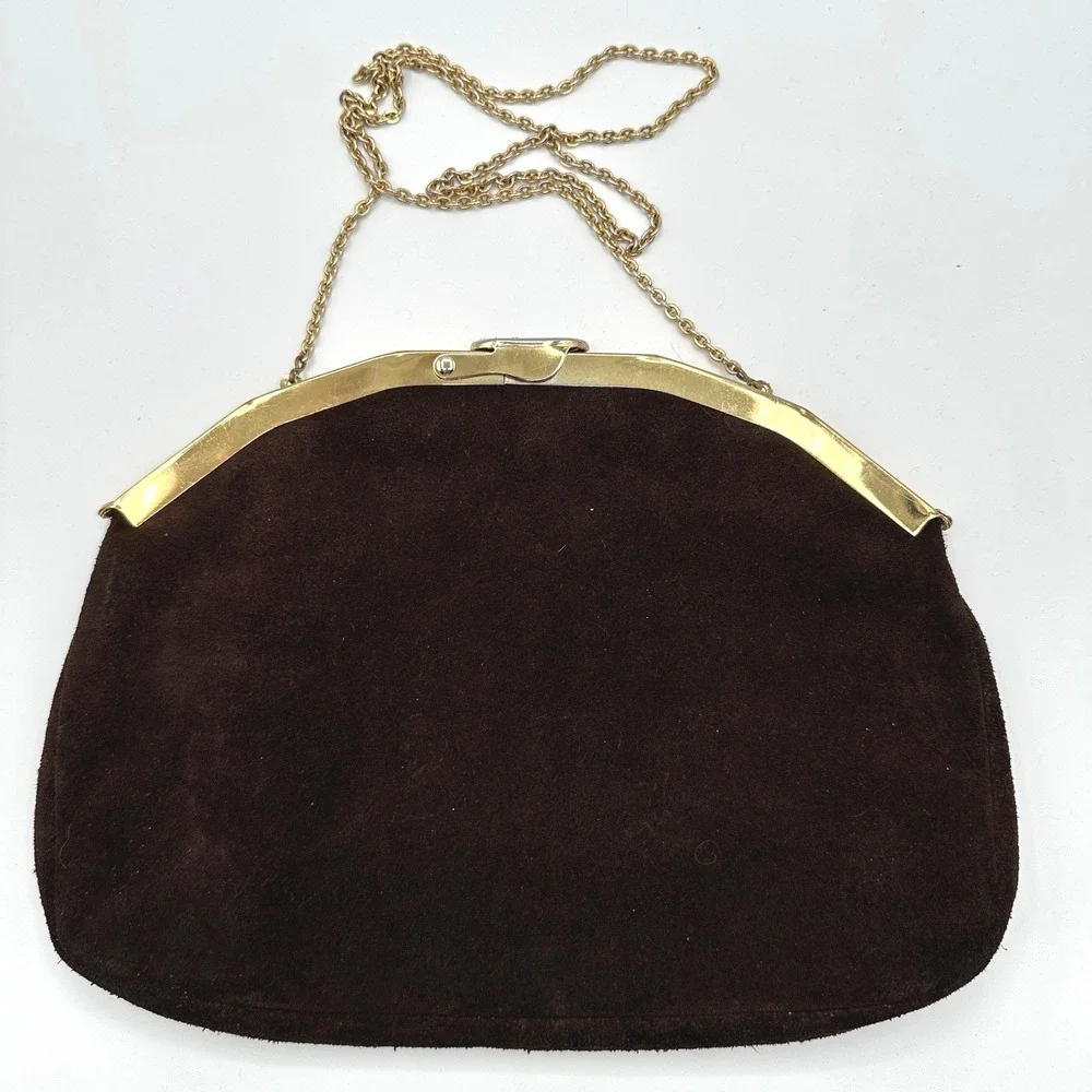 VTG‎ Brown Suede Clutch Evening Bag Gold Chain MCM Old Money Quite Luxury Retro