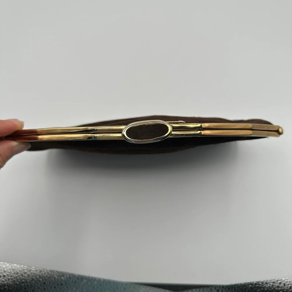 VTG‎ Brown Suede Clutch Evening Bag Gold Chain MCM Old Money Quite Luxury Retro