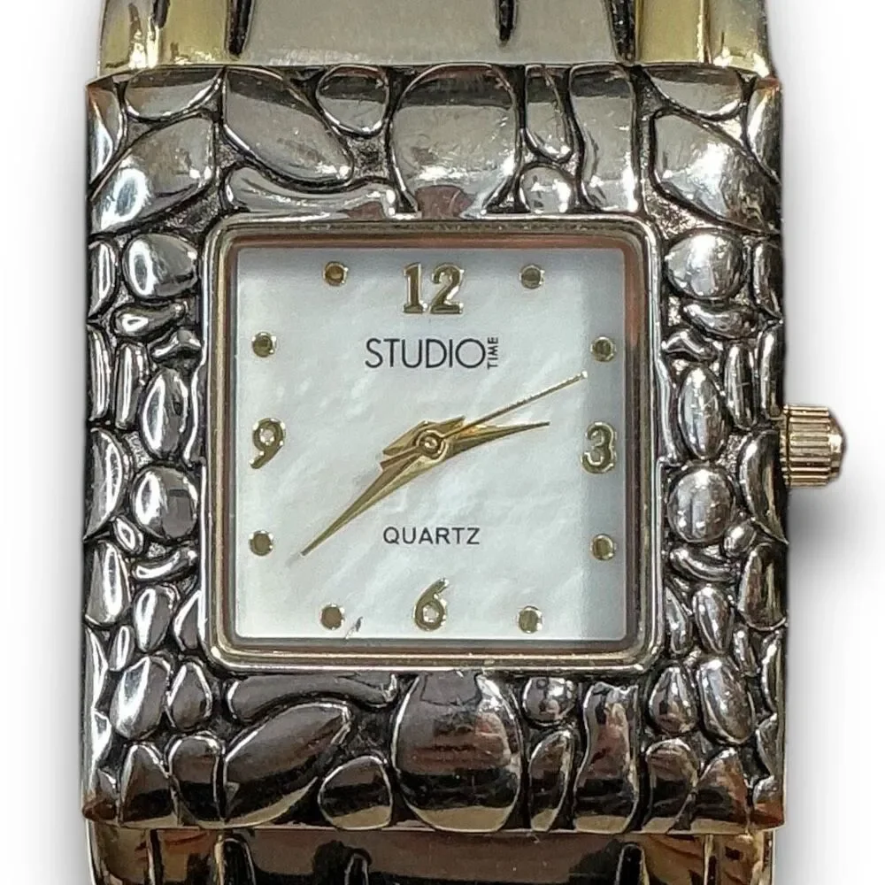 Y2K Vintage Quartz Two Tone Bezel Square Face Bangle Cuff Watch