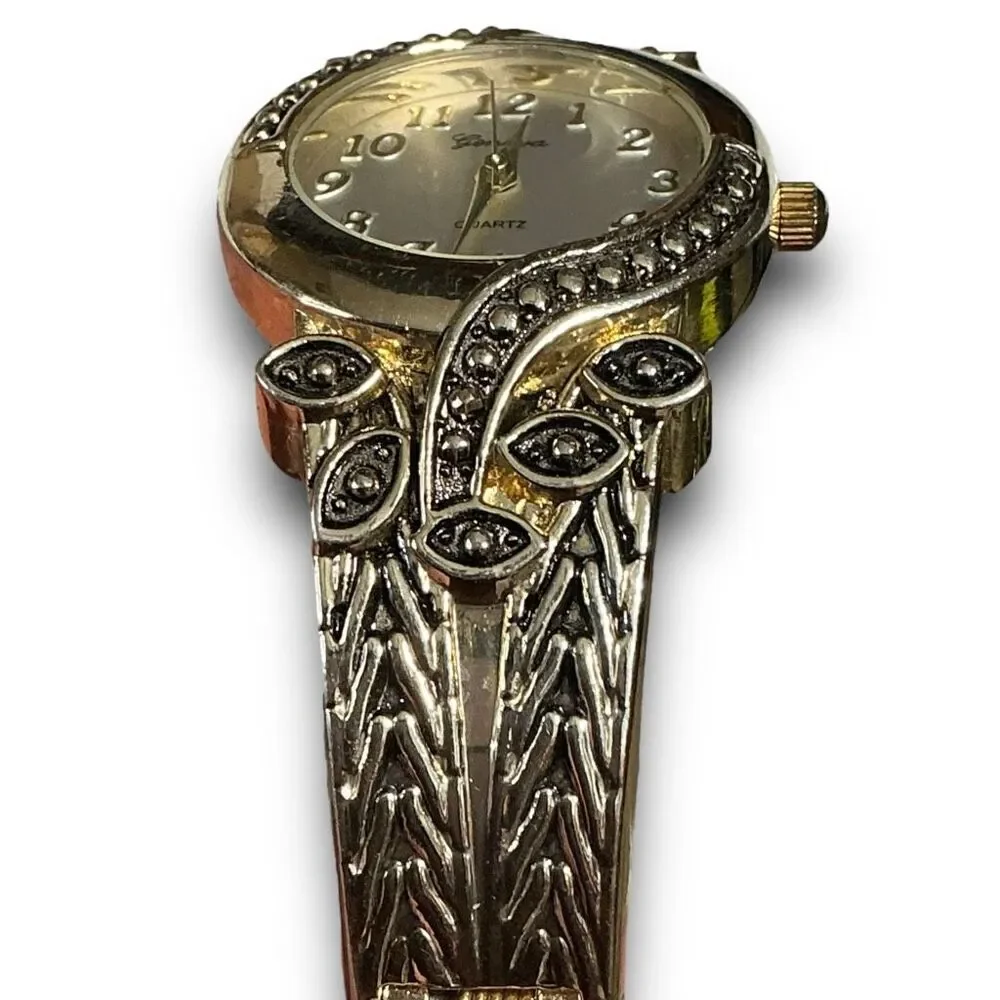 Y2K Vintage Gold Tone Round Face Bangle Cuff Bracelet Watch