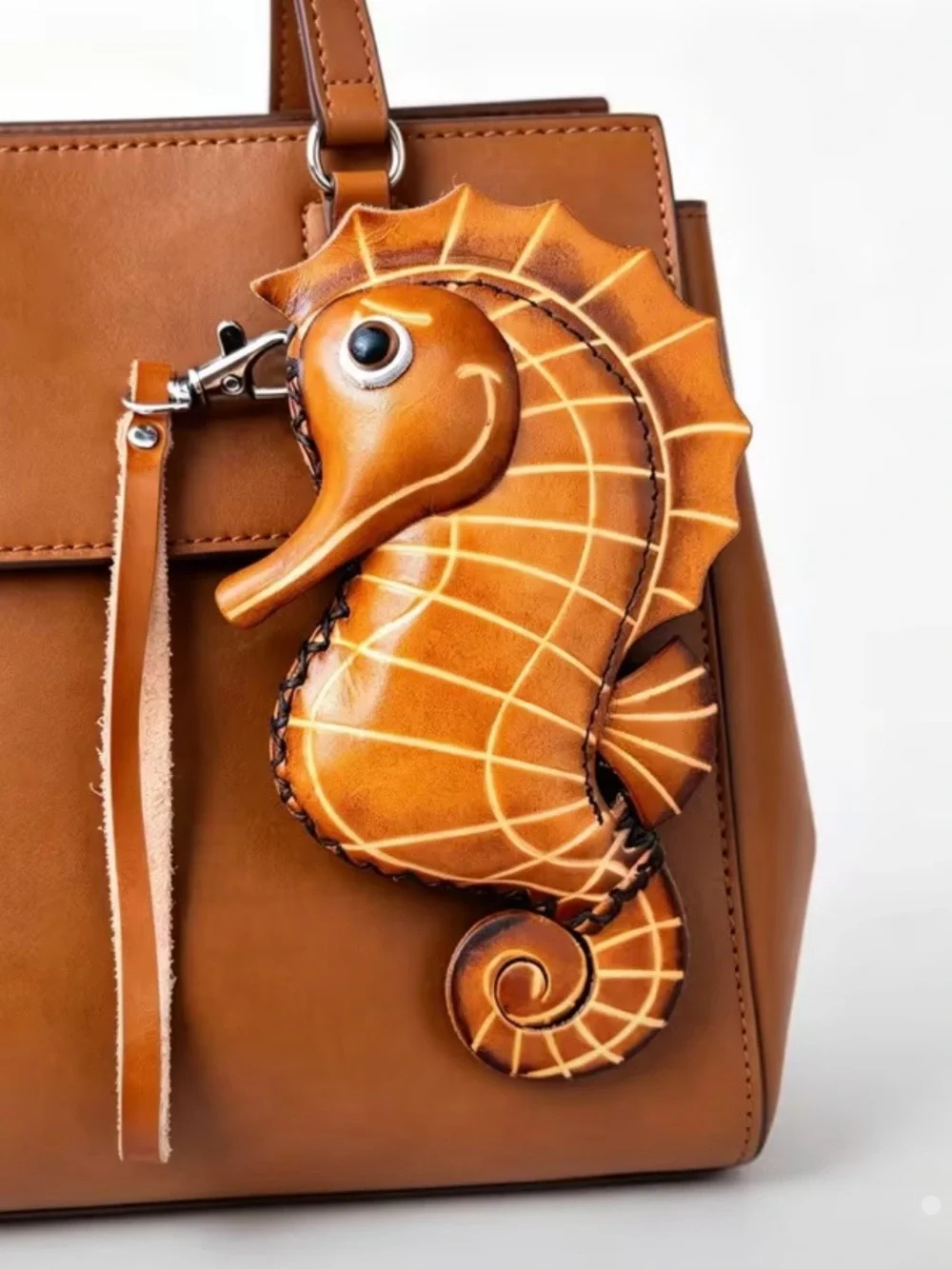 🆕 Handcrafted Seahorse - Genuine Leather - Wristlet Keychain Charm - Tan - Red