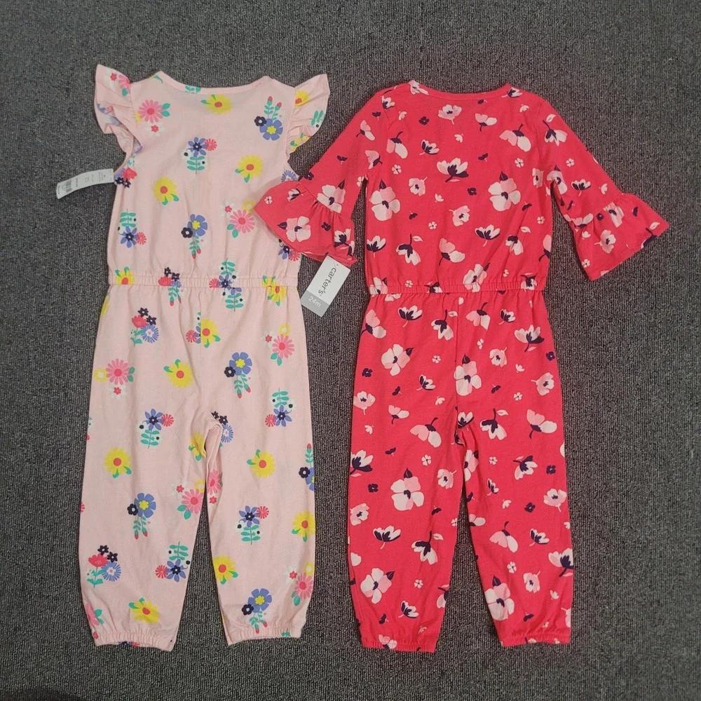 Carter's 24M Jumpsuit Set Toddler Girl Floral Ruffle Bell Sleeve Pink Red 2pk