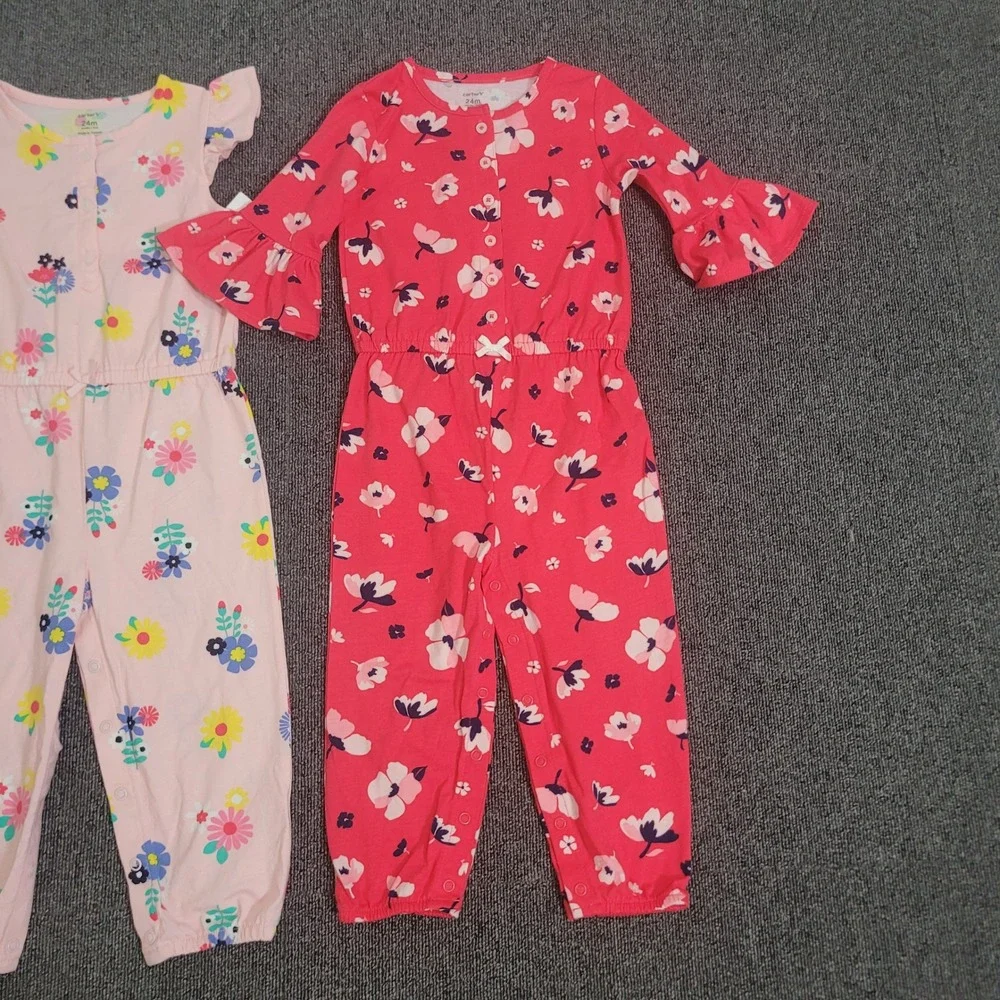 Carter's 24M Jumpsuit Set Toddler Girl Floral Ruffle Bell Sleeve Pink Red 2pk