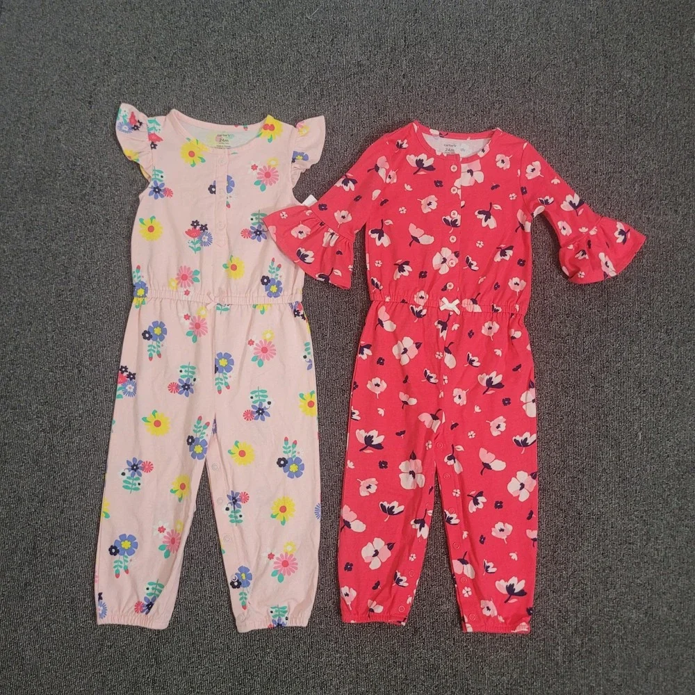 Carter's 24M Jumpsuit Set Toddler Girl Floral Ruffle Bell Sleeve Pink Red 2pk