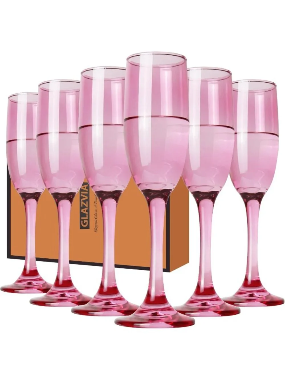 Elegant Pink Champagne Flutes Set of 6 - 6oz Long Stem Glasses for Weddings