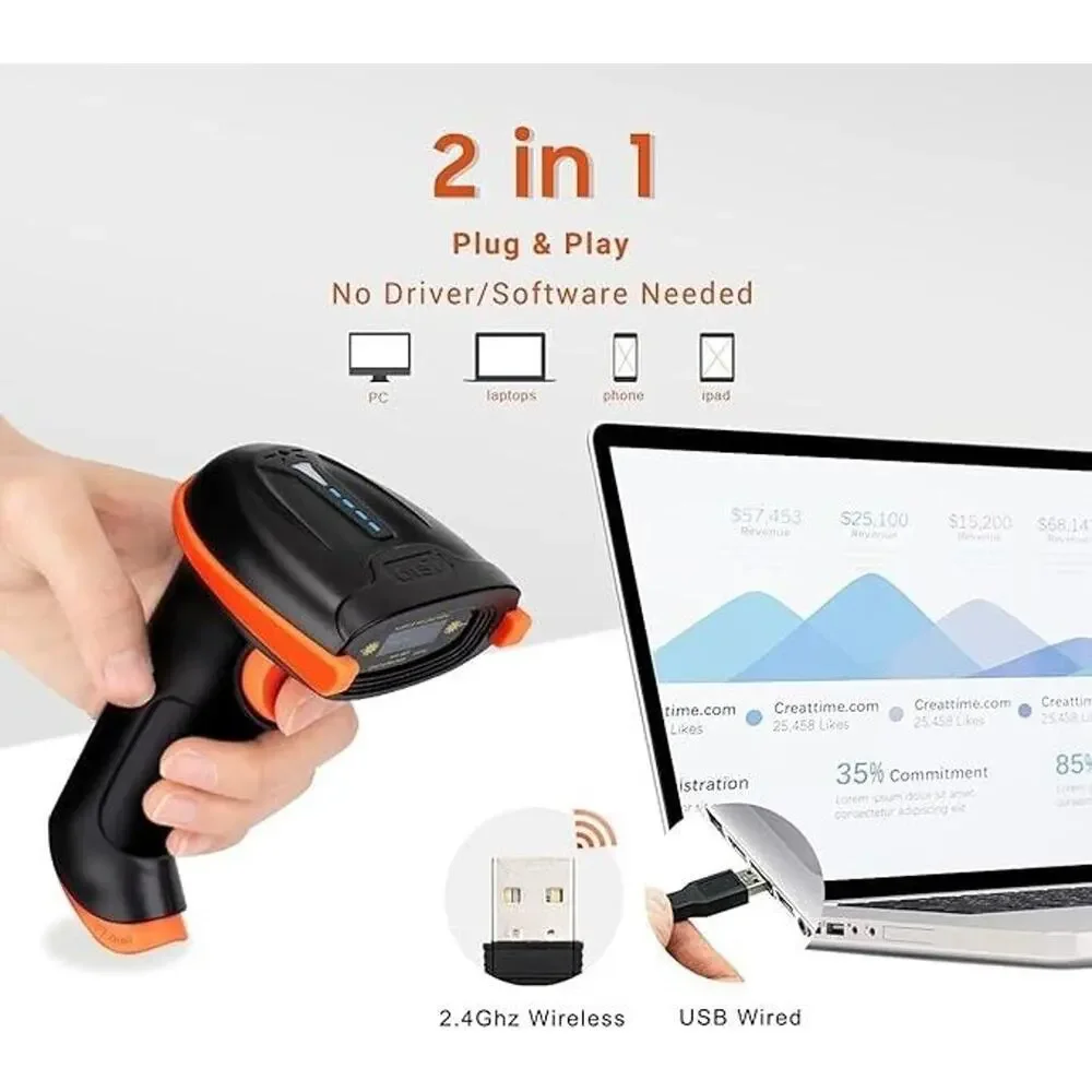 Tera 1D Barcode Scanner Wireless and Wired W/Battery Level Indicator 2.4G (X02)‎