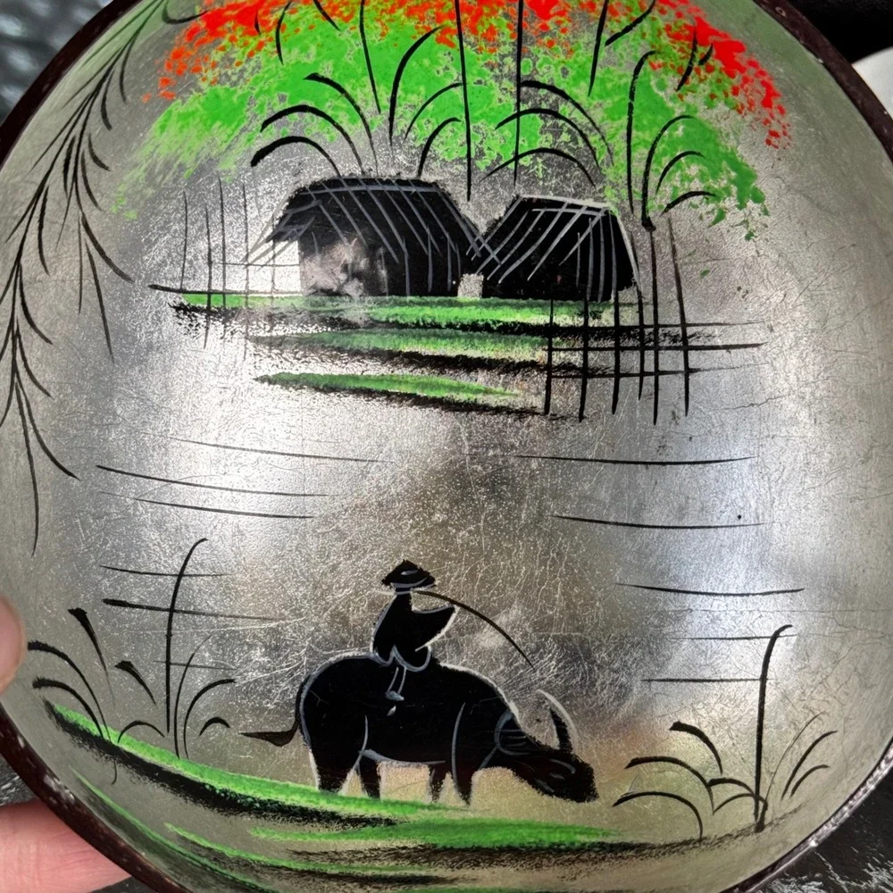 Coconut‎ Shell Bowl Hand Painted Silver Asian Scene Decor Set of 2