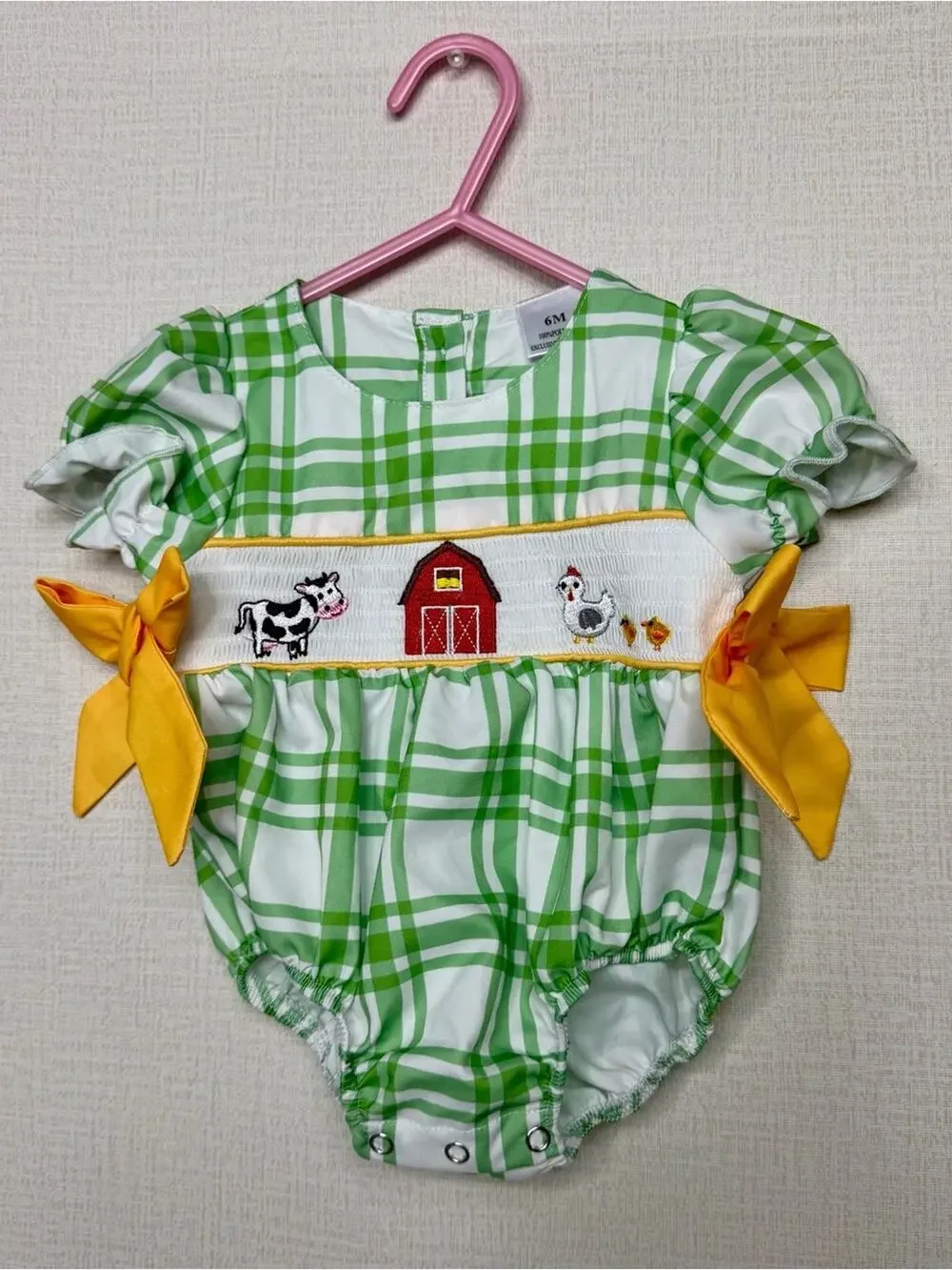 green plaid smocked baby bubble romper farm animal embroidery size 3-6 months