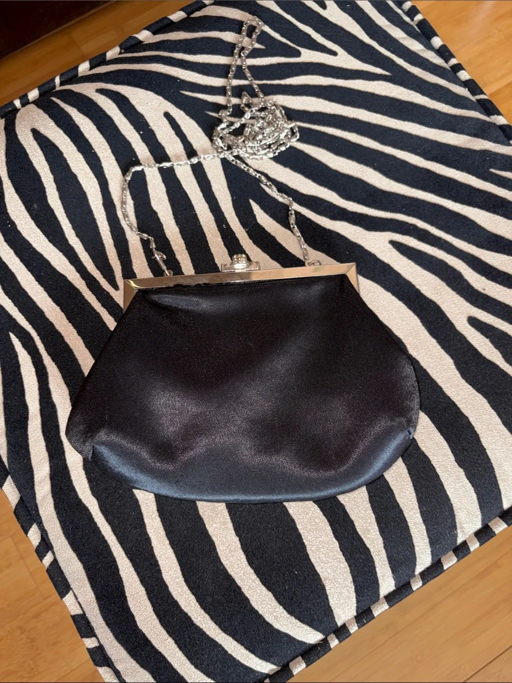 Black Satin Evening Clutch with Crystal Accents and Chain Strap