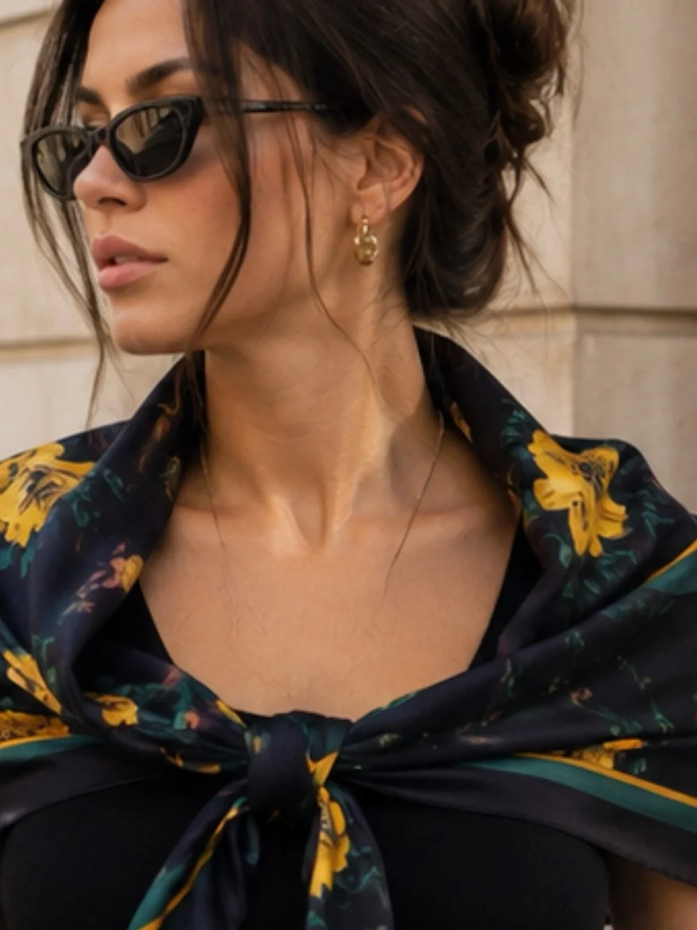 Navy Floral Silk-Look Neck Scarf with Yellow Blooms