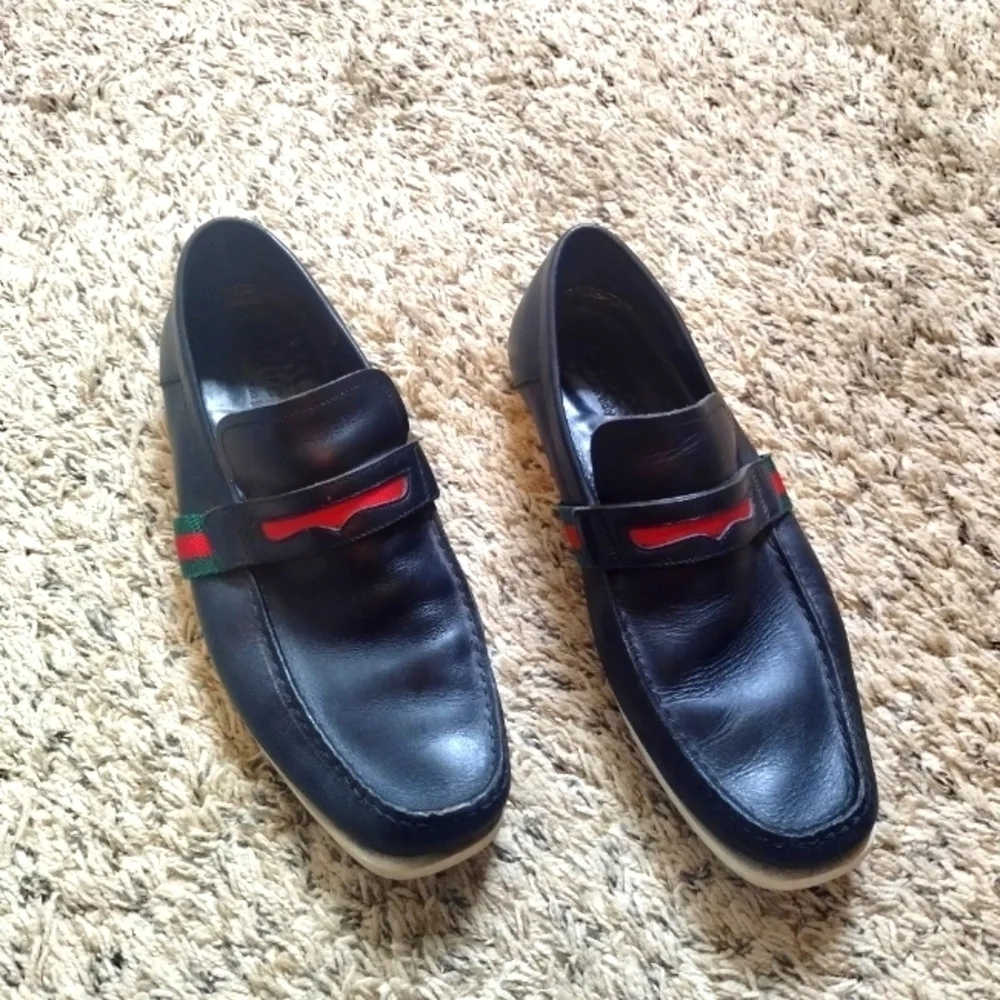 GUCCI  FLAG Black Leather Boat Deck Loafers sz 9