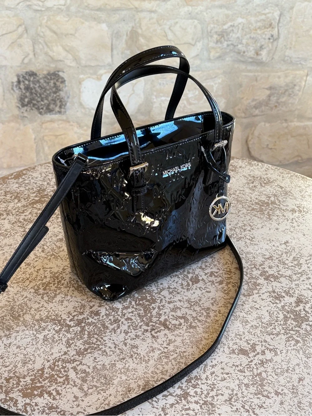 Michael Kors Black Patent Leather Satchel with Logo Charm