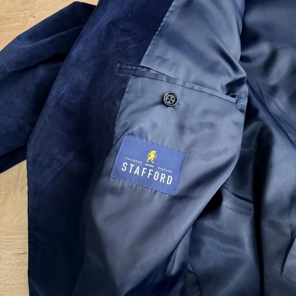 Stafford Corduroy Blazer Sport Coat Mens 54R Navy Blue Padded Elbows Classic Fit