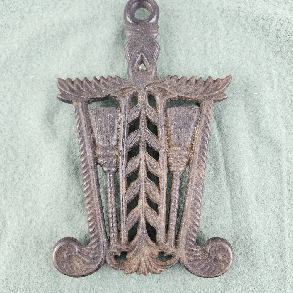 Vintage‎ Cast Iron Black Broom Wheat Broomstick Gothic Themed Trivet #2