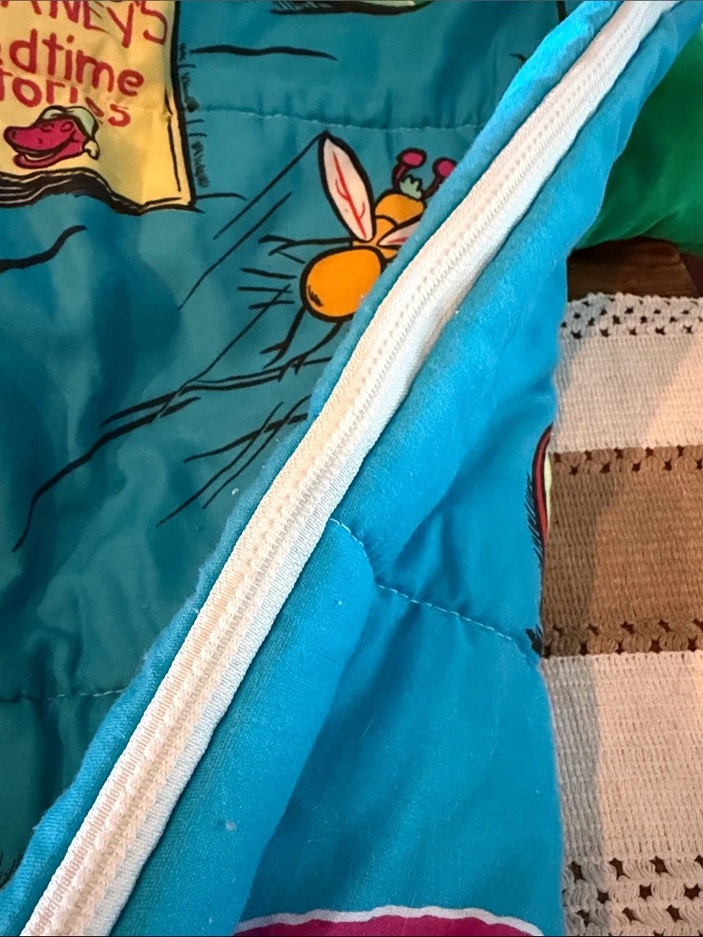Vintage Barney Bright Green and Purple Kids Bedtime Sleeping Bag