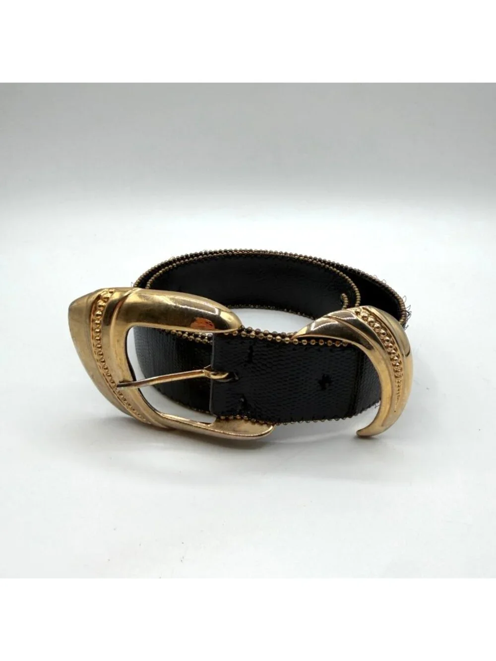Vintage Kandell & Marcus Black Genuine Leather Belt Chunky Brass Buckle Size S