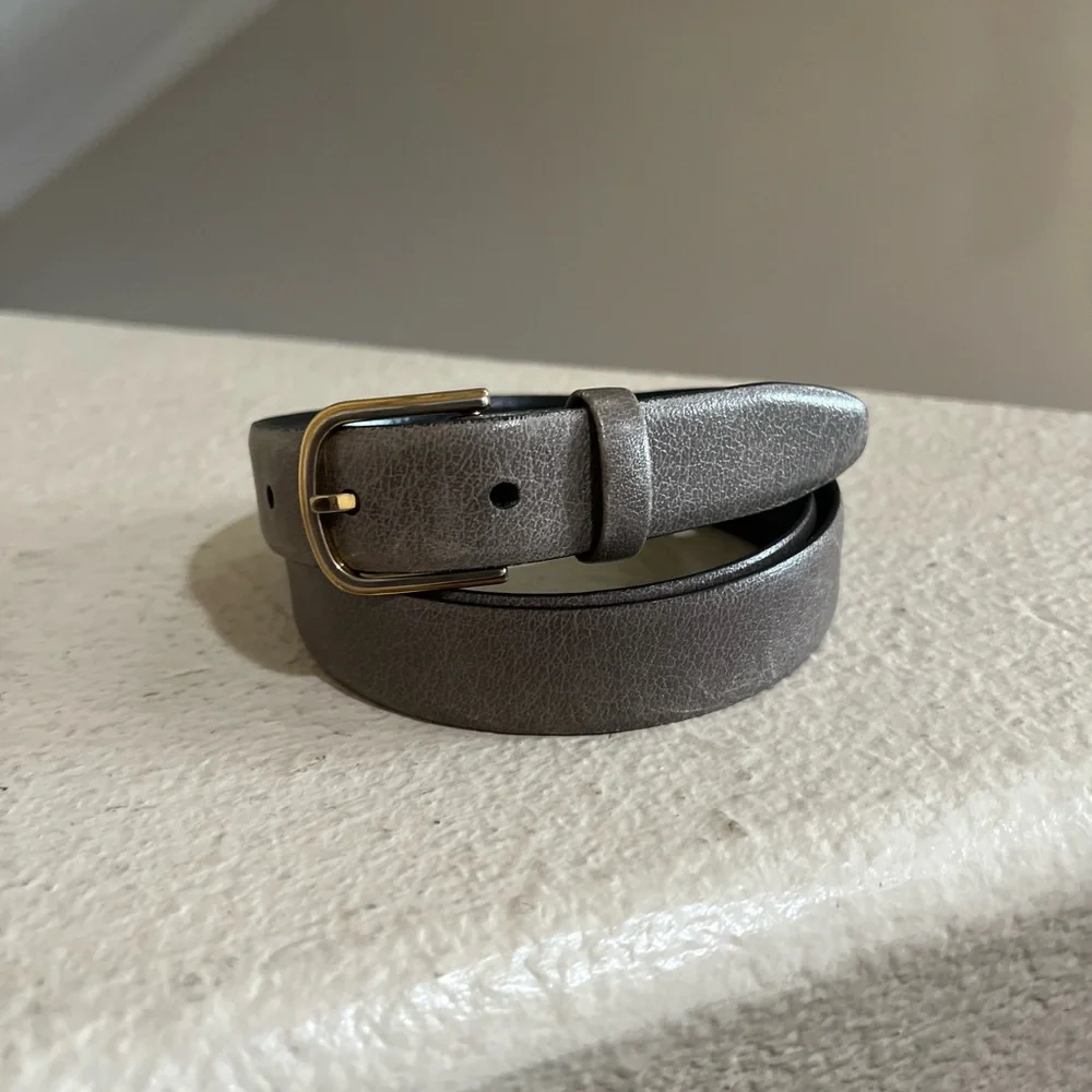 VNTG buffalo grain cowhide Women Waist Slim belt Gray‎ Leather Brass Buckle Sz M