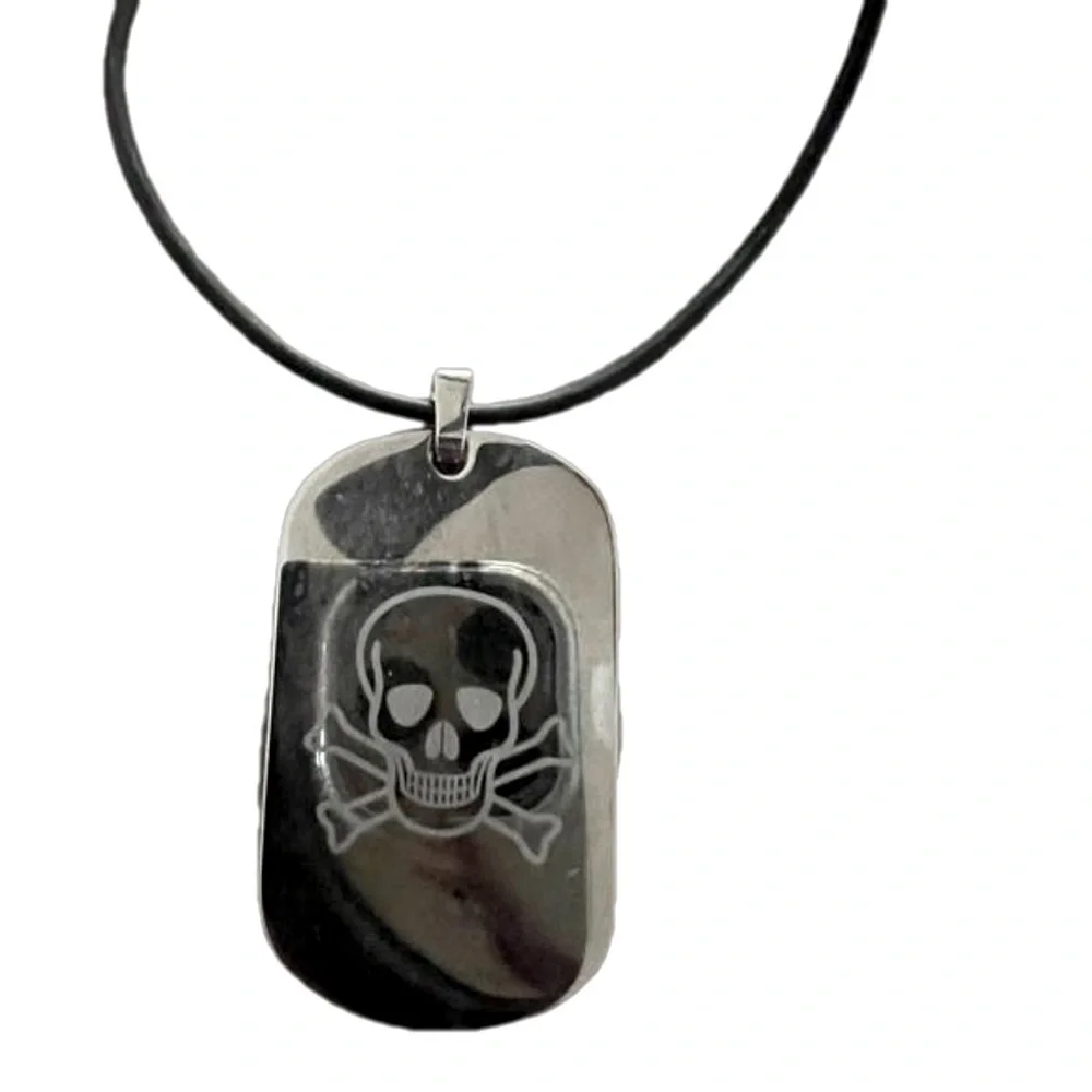 Skull and Crossbones Dog Tag Pendant on Black leather cord 14in
