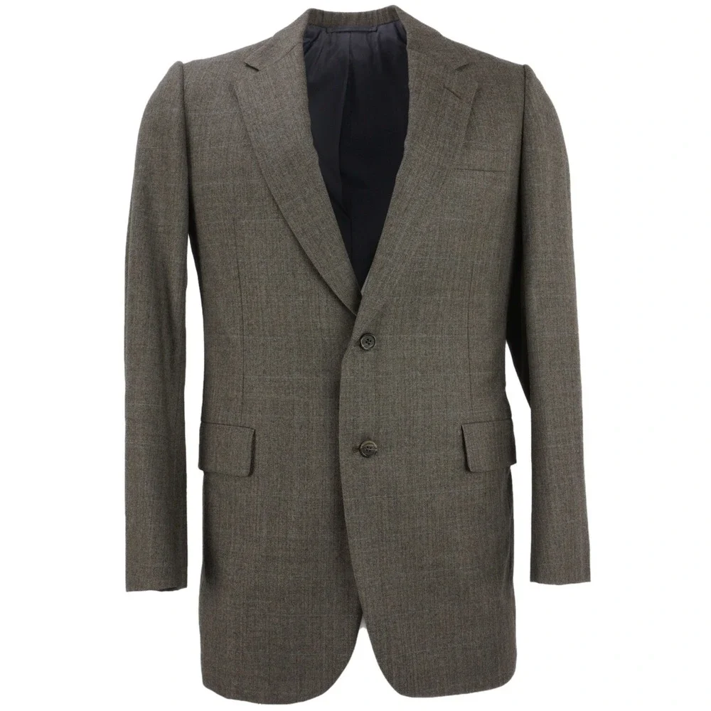 Vintage Hickey Freeman Mens 42L Brown Worsted Wool Herringbone Windowpane Blazer