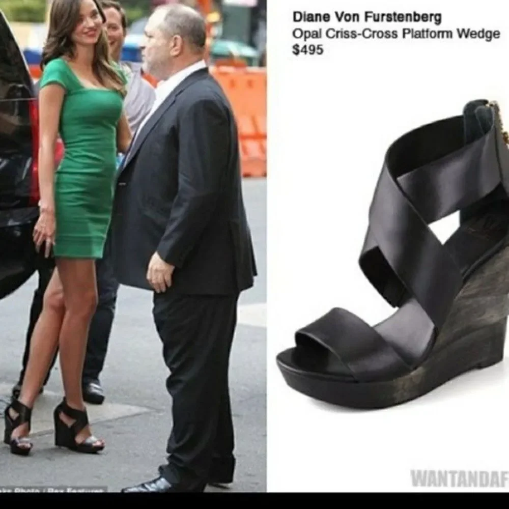 Diane von Furstenberg Black Leather Opal Crisscross Wedge Sandals size 8.5/9