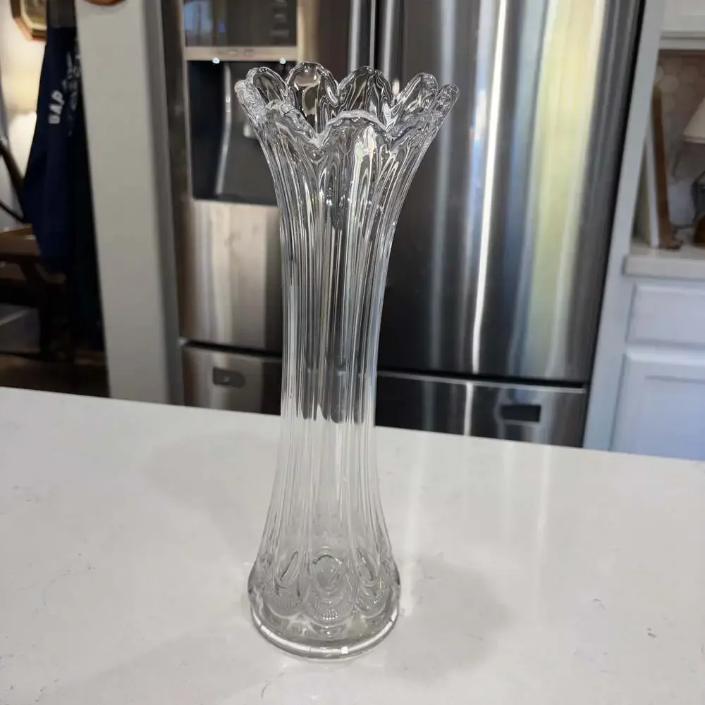 Vintage EAPG Clear Glass Swung Finger Vase with Starburst Base 13”