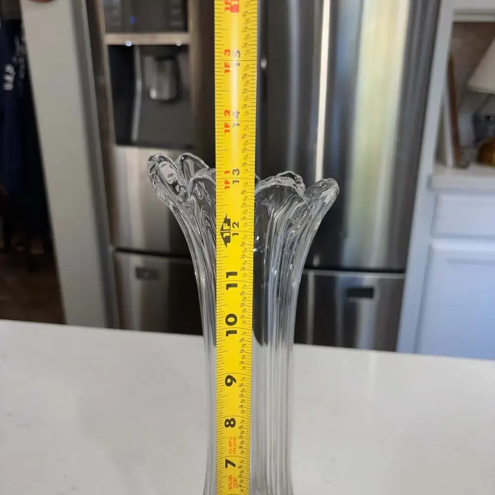 Vintage EAPG Clear Glass Swung Finger Vase with Starburst Base 13”