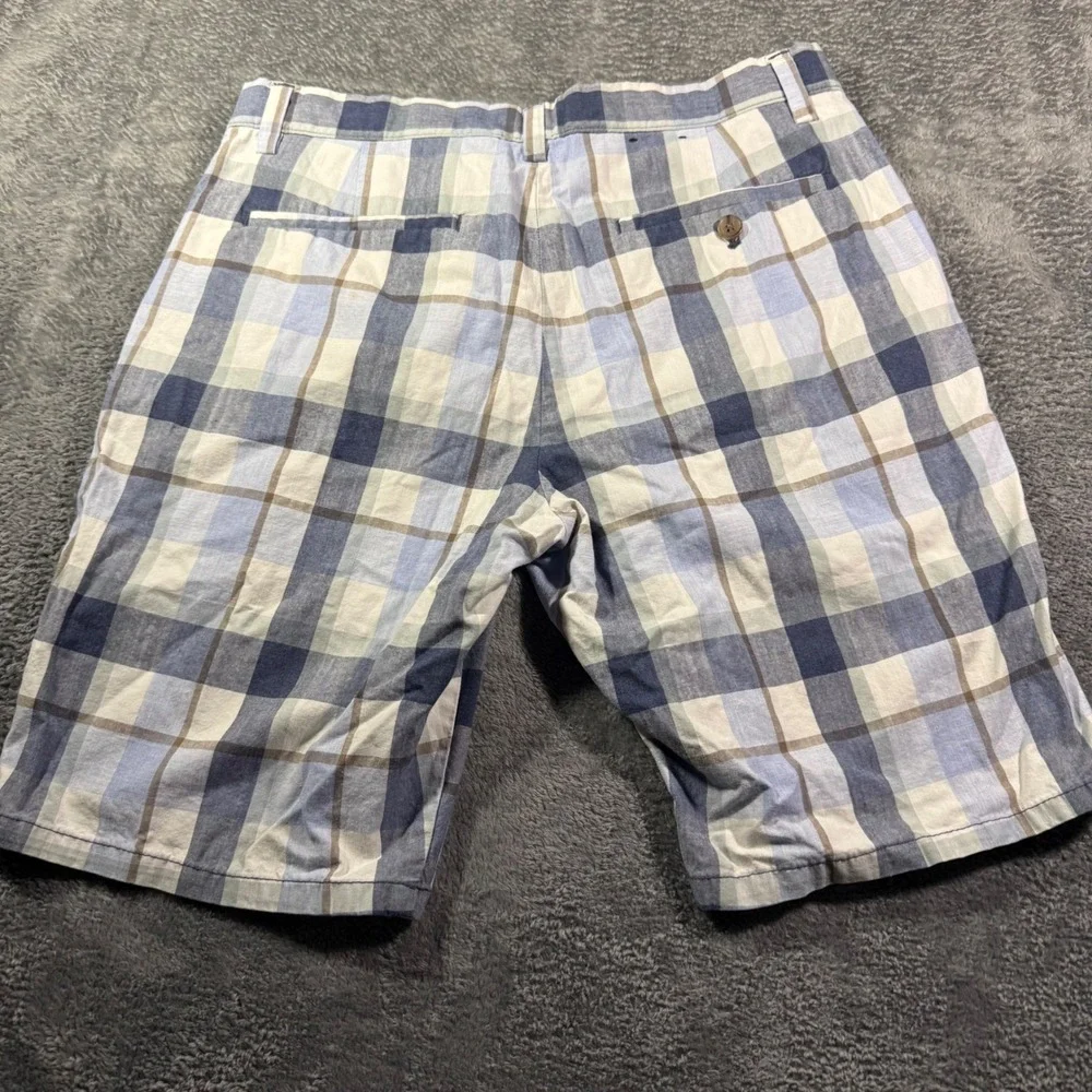 Banana Republic Aiden Short Mens 31 Blue White Plaid Cotton Flat Front Shorts
