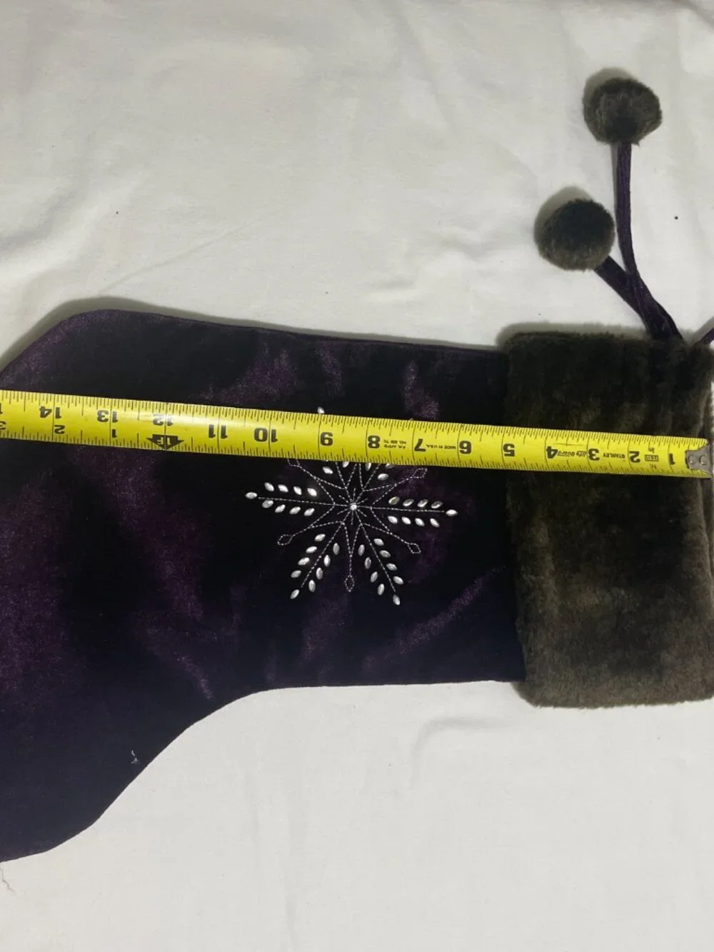 Purple Velvet Christmas Stocking Faux Fur Cuff Rhinestone Snowflake 18