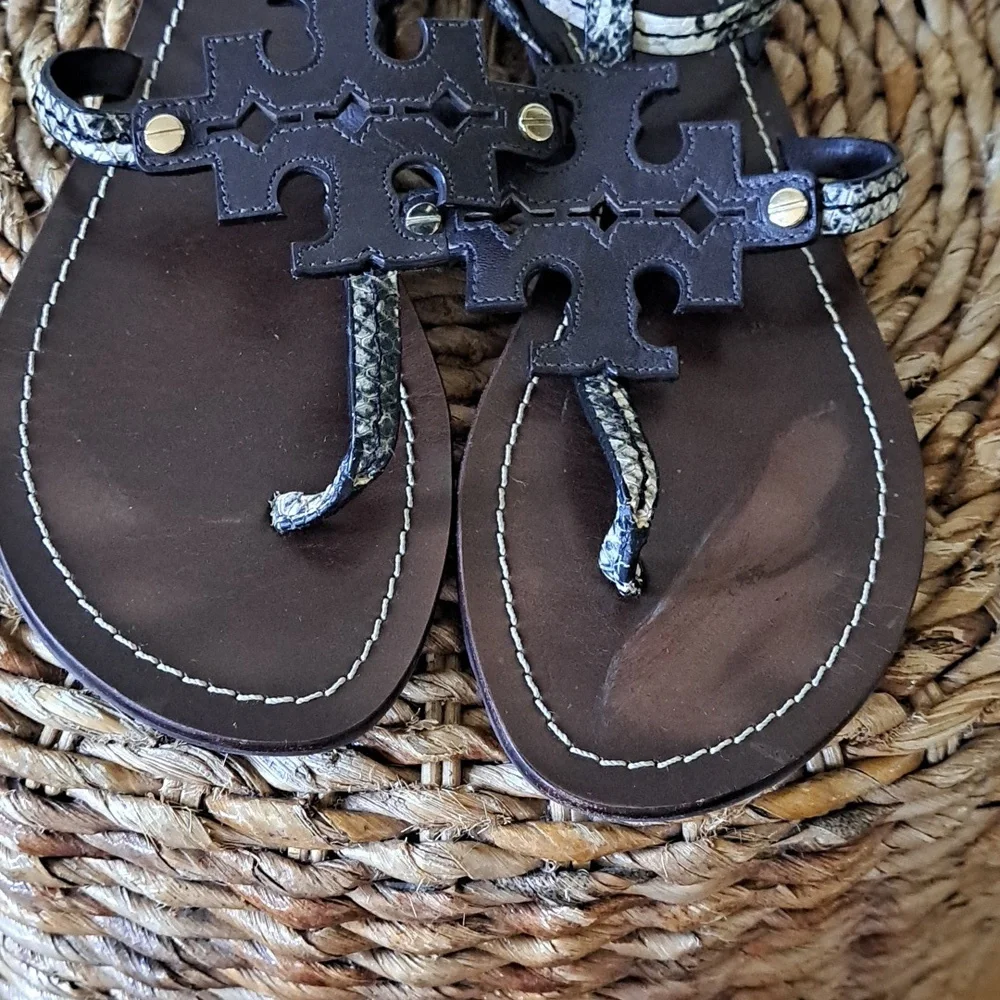Tory Burch Womens Chandler Snakeskin‎ Print Leather Slingback Flat Sandals S-7.5
