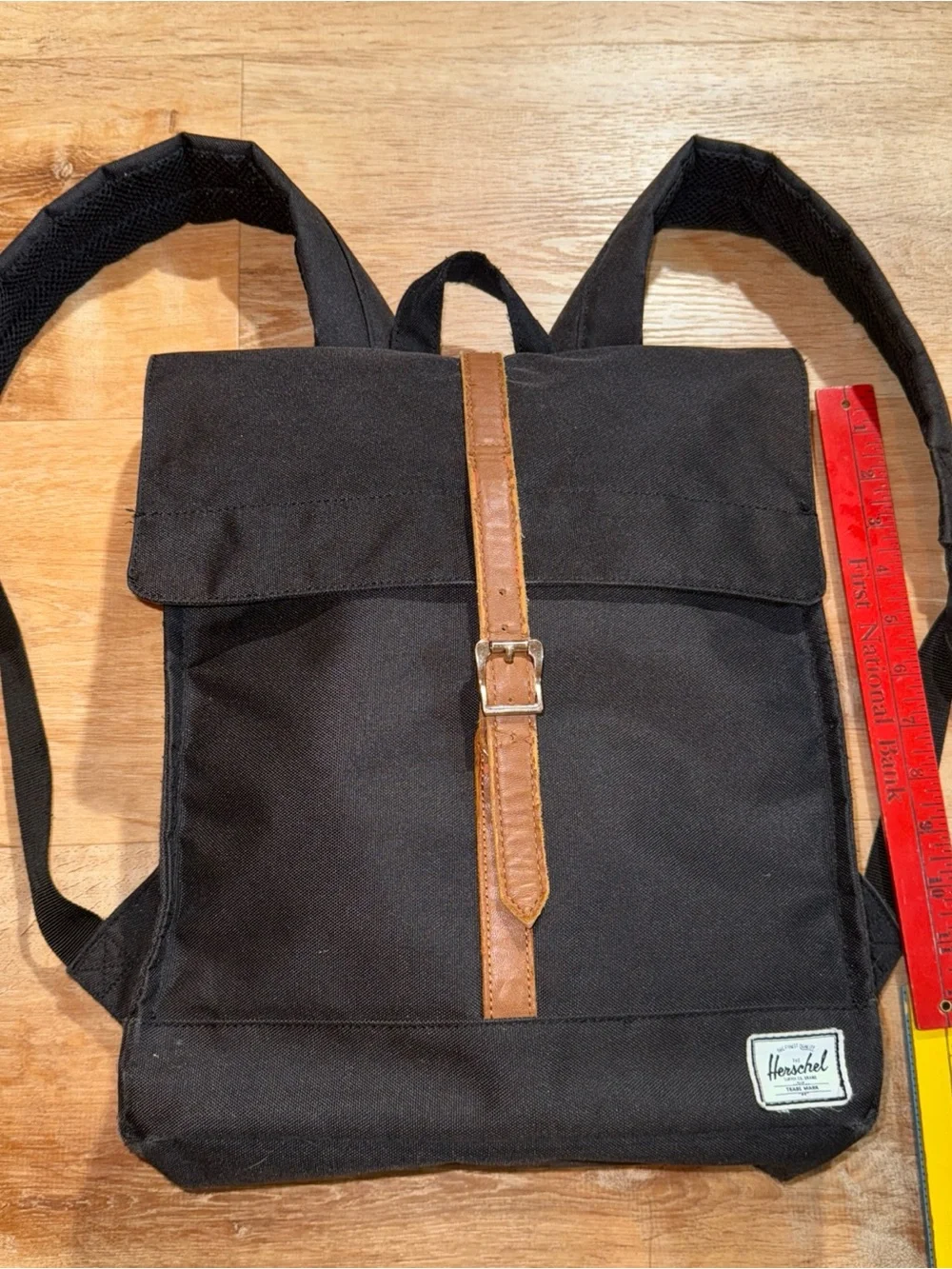 Herschel Little America Backpack Black Square Leather Strap Laptop Fold Bag 14’