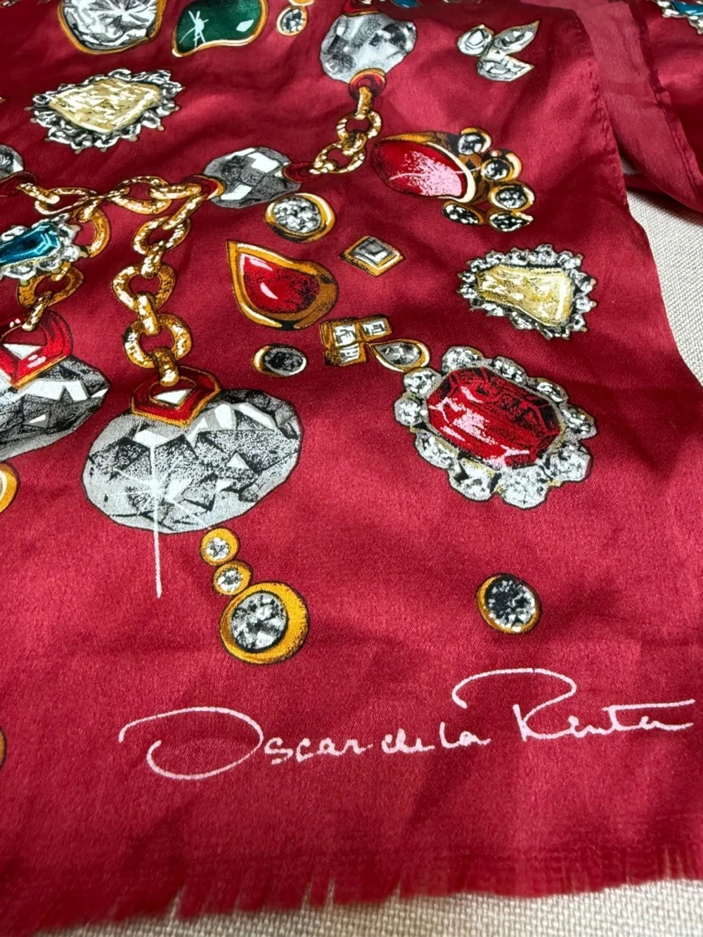 Vintage Oscar de la Renta Pure Silk Scarf Gems and Jewels