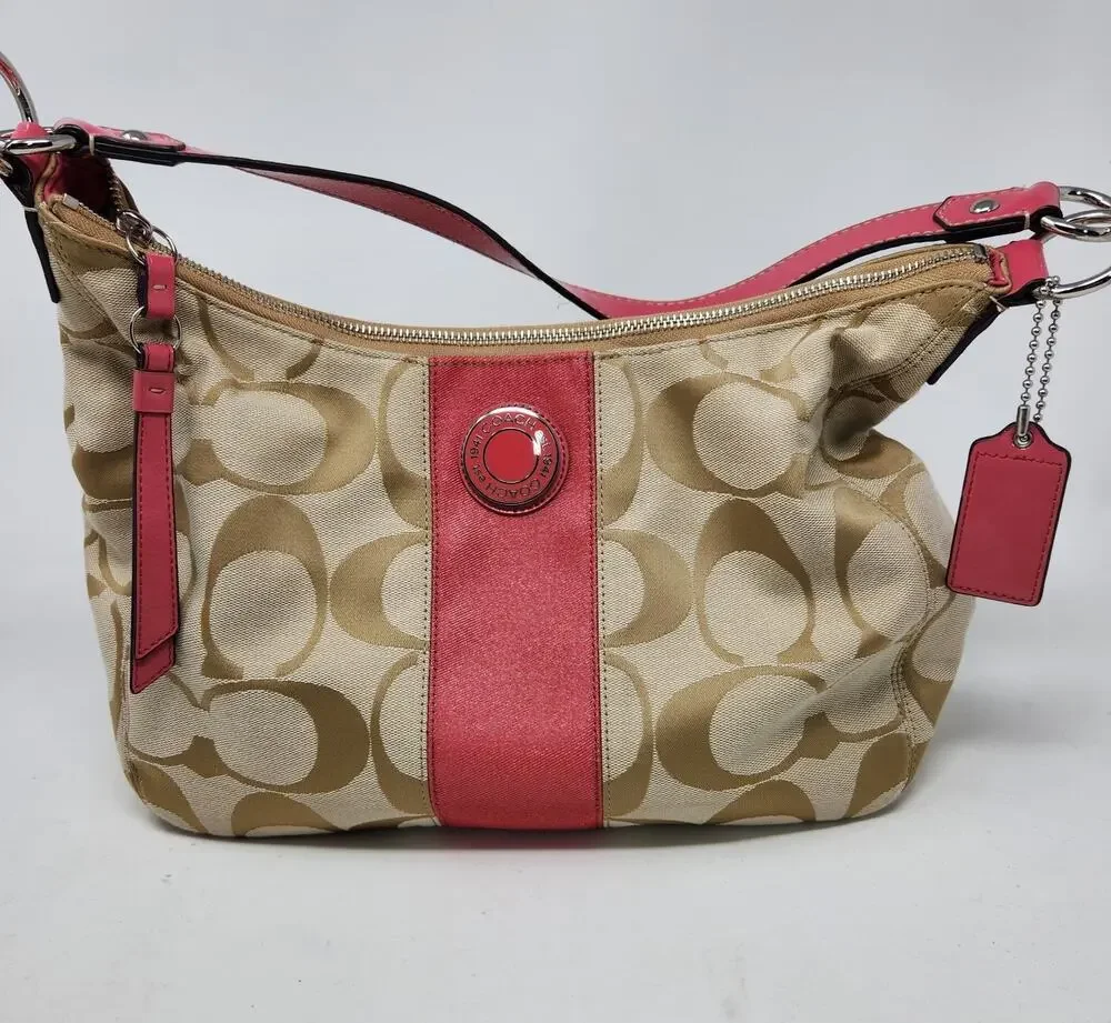 Vtg Y2K Coach Signature Stripe Hobo Shoulder Bag F19281 Khaki/Berry Pink