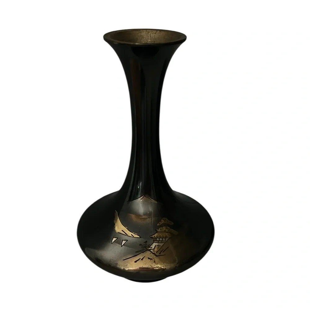 VINTAGE JAPANESE MIXED METAL / BRONZE COLOR  ETCHED VASE, PAGODA, Mount Fuji‎
